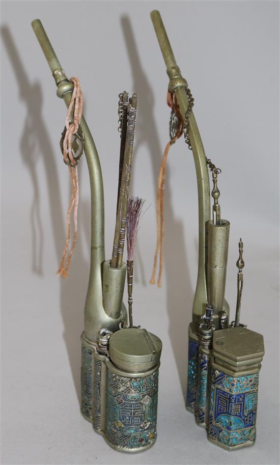 Two Chinese paktong and champlevé enamel waterpipes, c.1900, 26 and 27cm